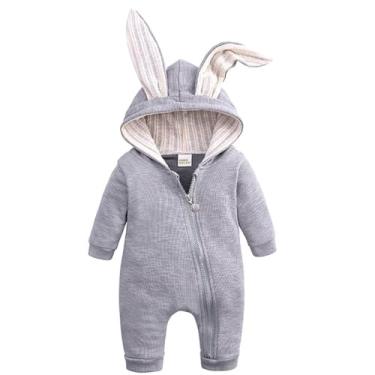 Imagem de Fantasia de coelhinho de bebê, roupa de Páscoa para menina ou menino, macacão unissex infantil de coelho, My First Easter Outfit, Cinza, 9-12 Meses