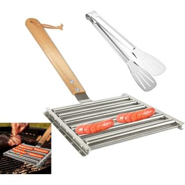 Imagem de Rolo de cachorro-quente de 24 cm de comprimento para churrasqueira - Rolo de churrasqueira de cachorro-quente de aço inoxidável com cabo de madeira, acessórios de grelha com pinças para grelhar