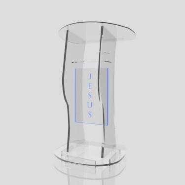 Imagem de Púlpito em Acrílico para Igreja e/ou Eventos com Gravação e Led grátis Mod. Jonas Transparente (Tradicional, Moderna ou Sem Gravação) Cores em Led. (Grav. "Jesus" Tradicional, LED AZUL)