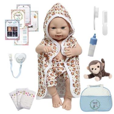 Imagem de Boneco Reborn Bebê Masculino Carequinha Itens Macaco Pelúcia - Cegonha