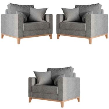 Imagem de Kit 3 Poltronas Beny Base em Madeira Maciça Recepção Linho Grafite Kim