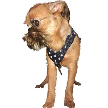 Imagem de Peitoral preto de couro genuíno com strass para cães pequenos, 33 a 44 cm, peito