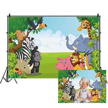 Imagem de Renaiss Pano de fundo de animais da selva de 1,5 x 0,9 m, safári, animais do parque, animais selvagens, floresta, desenho animado, girafa, leão, elefante, zoológico, fundo de fotografia para chá de
