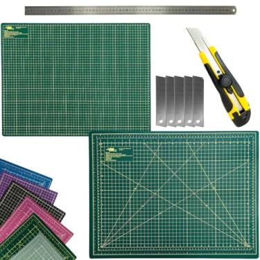 Imagem de Base Placa de Corte Dupla Face Regenerativa Multiuso Artesanato Patchwork Scrapbook Régua Inox 60 Estilete Profissional (Verde)