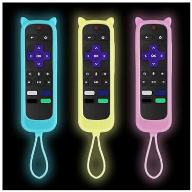 Imagem de Gavyqier Pacote com 3 capas para controle remoto Roku compatível com controle remoto Hisense roku TV Onn Roku TV, capa protetora de silicone para Roku Express 4K+ 2021 Streaming Stick 4K 2021, design