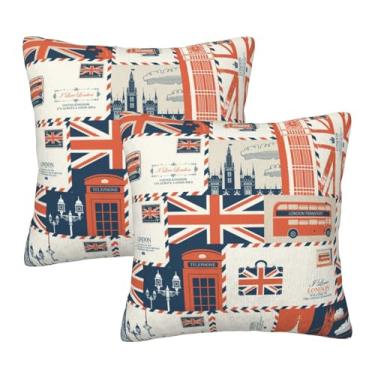 Imagem de Oplp Conjunto de 2 capas de almofada com tema do Reino Unido e Londres, envelopes, símbolos, bandeira, estilo retrô, capa quadrada para casa para quarto sofá cadeira decoração 45,72 cm x 45,72 cm