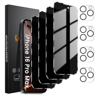 Imagem de Lesakit Pacote com 4 + 4 protetores de tela de privacidade para iPhone 16 Pro Max de 6,7 polegadas com pacote com 4 protetores de lente de câmera, película de vidro temperado antiespionagem, dureza