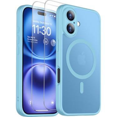 Imagem de SPIDERCASE Capa magnética para iPhone 16 Plus, com 2 peças [protetor de tela de vidro temperado] Capa protetora fina à prova de choque translúcida fosca traseira para iPhone 16 Plus de 6,7 polegadas,