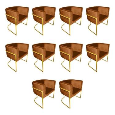 Imagem de Kit 10 Cadeiras De Jantar Premium Base De Ferro Dourada Veludo Terracota Laranja