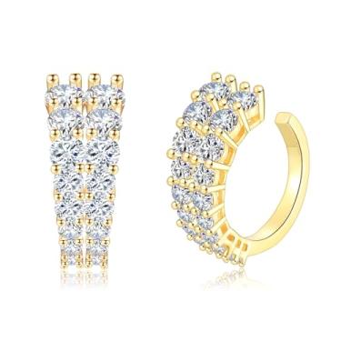 Imagem de CERSLIMO Brincos de orelha para mulheres, banhado a ouro 14 K, três fileiras, zircônia cúbica de diamante falso, brincos de argola de cartilagem com clipe de prata, Latão, Zircônia cúbica