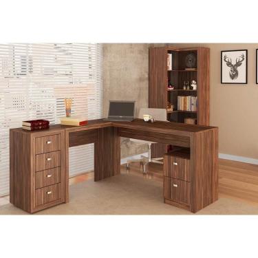 Imagem de Escritório Completo 1 Mesa De Canto Para Escritório Me4129 + 1 Estante Me4132 + 1 Gaveteiro Me4133 3 Peças Nogal