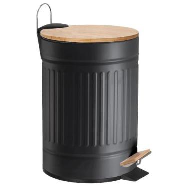 Imagem de Lixeira Fluted Preta 12 Litros Preta Pedal Tampa Bambu - Kadê