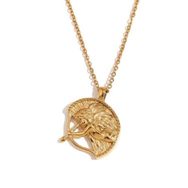 Imagem de Izpack Colar com pingente de anjo cupido de aço inoxidável banhado a ouro 18 K, arco de asa de guardião, flecha, colar de corrente ajustável, lindo presente de dia dos namorados para mulheres, Aço