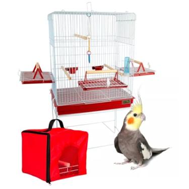 Imagem de Gaiola Viveiro Pássaro Confort Triplex + Bolsa Transporte Jelplast (Branco/Vermelho)