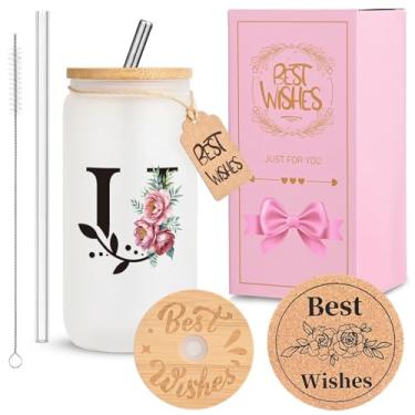 Imagem de HWJH Copo de vidro inicial personalizado para mulheres - Copo de vidro à prova de vazamento de 473 ml com tampa e canudos, conjunto de presente com monograma, copo reutilizável fosco fosco para café,
