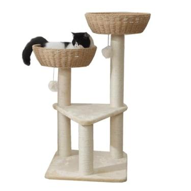 Imagem de Torre de árvore para gatos com cesta de vime de vime, 2 camas grandes tecidas à mão, poleiro de janela para gatos grandes, 9 kg