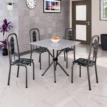 Imagem de Conjunto de Mesa Tubular 70cm X 70cm Tampo Granito Ocre com 4 Cadeiras Lívia Preto / Prata