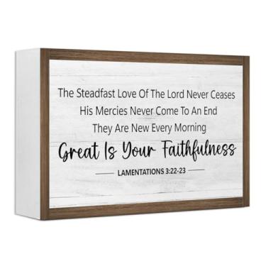 Imagem de The Steadfast Love Of The Lord 3:22-23, versículo da Bíblia, caixa de madeira, decoração de mesa, placa de bloco de madeira com escritura rústica, para casa de fazenda, escritório, prateleira, mesa,