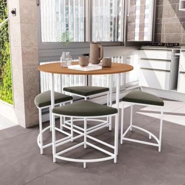 Imagem de Mesa Sala de Jantar Redonda com 4 Banquetas Estofadas - Canela/Branco