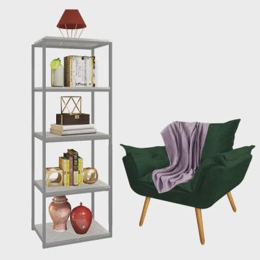 Imagem de Kit Poltrona Fatte com Manta Soft Lilás e Estante Livreiro Ferro Prata mdf Marmorizado Cinza Suede Verde Musgo - Ahz Móveis