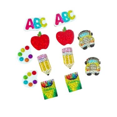 Imagem de Brincos de professor com tema escolar brilhante ABC paleta de tinta lápis lápis conjunto de brincos de pino de giz de cera de formatura presentes de volta às aulas joias de agradecimento do dia dos