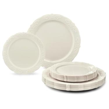 Imagem de Conjunto de 50 pratos vintage para festa de casamento vintage com 50 pratos (25 convidados), conjunto de pratos de plástico descartável para festa de casamento - 63 x 25 cm x 19 cm (Portofino Plain Ivory)