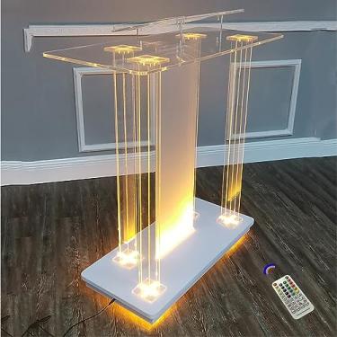 Imagem de WUHUQN Púlpito de pódio de acrílico com luzes LED, púlpito de igreja personalizado transparente, suporte de pódio rolante de 116,8 cm H para igreja, mesa de boas-vindas, empresa, casamento