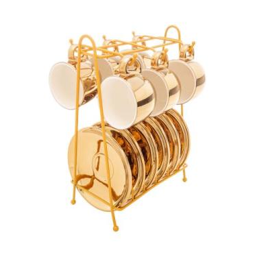 Imagem de Conjunto 6 xícaras café Porcelana + Pires e Suporte Versa Branco/Doura