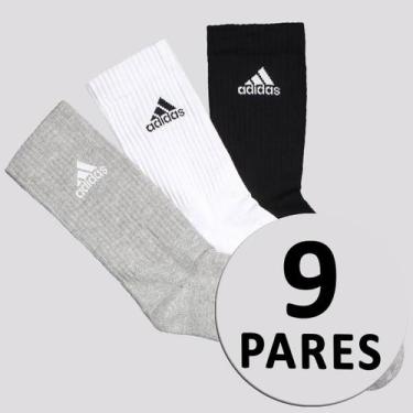 Imagem de Kit Meia Adidas Logo Cano Alto 9 Pares Branca Preta e Cinza, P