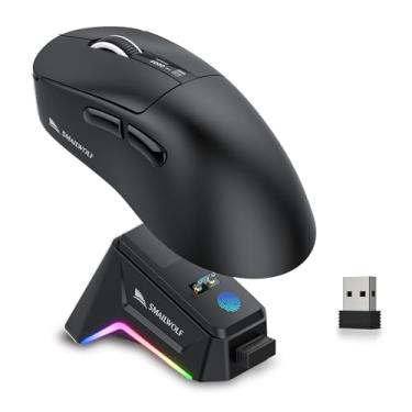 Imagem de Mouse para jogos sem fio com base de carregamento RGB, mouses de computador ergonômicos leves de 57 g, sensor óptico DPI 12K, polling de 1 KHz, 5 botões programáveis, BT5.1/2.4G/USB-C para PC e Mac