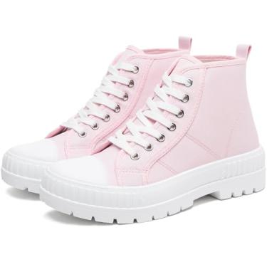 Imagem de Rominz Tênis feminino com plataforma branca, moderno, cano alto, tênis de lona com cadarço preto e plataforma casual, Rosa, 36