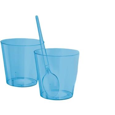 Imagem de Kit 100 Copo Copinho Potinho Cristal 25ml Acrílico Brigadeiro De Colher Doce Docinho Com Colheres(Azul Claro)