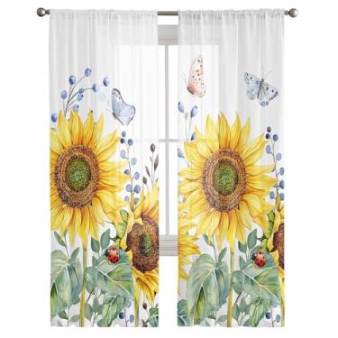Imagem de Cortinas semitransparentes 160 cm C, cortinas com bolso de haste, fazenda, girassol, folha de borboleta, tratamentos de janela retrô, filtro de luz para sala de estar, cozinha, decoração de quarto, 2