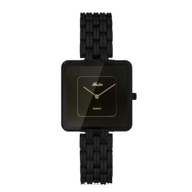 Imagem de CARLIEN Relógio de pulso feminino elegante minimalista quadrado banhado a ouro ou prata pulseira de quartzo elegante vestido de aço inoxidável à prova d'água presente para ela, Preto, Elegante