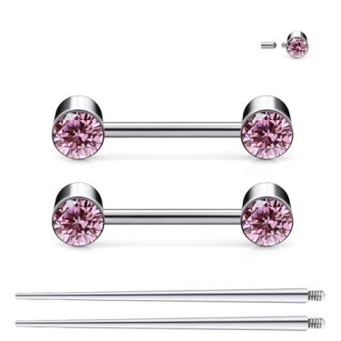 Imagem de Ruifan Piercing de mamilo com rosca interna de titânio joia redonda rosa CZ anéis de língua piercing de barra reta para mulheres homens 14G 14 mm com cone de piercing reto