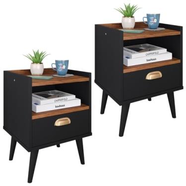 Imagem de Kit 2 Mesas De Cabeceira Estilo Retrô Com 1 Gaveta e Nicho - Loja Inova BR (Preto/Cinam.)