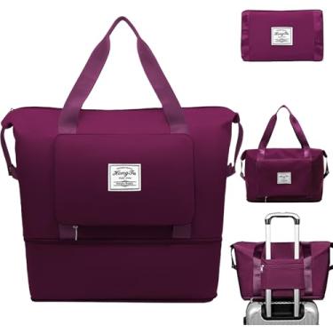 Imagem de Bolsa de viagem feminina para o fim de semana, bolsa esportiva para academia, impermeável, dobrável, Fúcsia, Expansível, dobrável