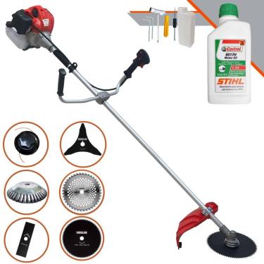 Imagem de Máquina de Cortar Grama À Gasolina Anmax CG430-P 43cc 2HP 9.000rpm Roçadeira Lateral 6 Em 1 C/ Carretel + Kit 4 Facas + Escova de Aço + ÓLEO STIHL 2T
