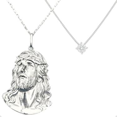Imagem de Kit Casal Colar Feminino Ponto Luz e Masculino Face Cristo Grande Prata Hipoalergênico
