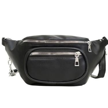 Imagem de Pochete moderna com alça de corrente, couro PU, bolsa de cintura com vários compartimentos com zíper, Preto, 10.63 Inches X 4.33 Inches X 2.17 Inches, Casual moderno