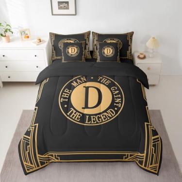 Imagem de Conjunto de cama queen com alfabeto dourado preto, para presente, para pai, marido, avô, tio, 7 peças, com edredom, lençóis, fronhas e capa de almofada