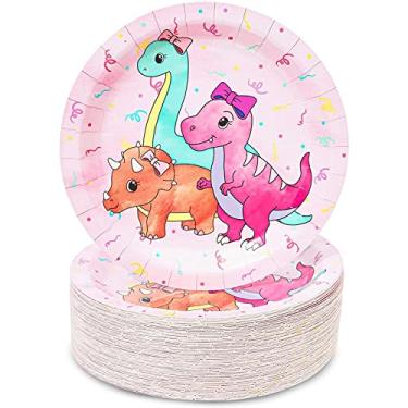 Imagem de Pratos de papel de dinossauro para bebês rosa para suprimentos de festa de aniversário (22,86 cm, pacote com 80)