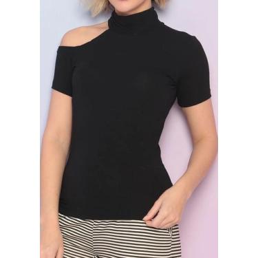 Imagem de Blusa Maria Paes Manga Curta Preta com Abertura, M, Preto, Feminino