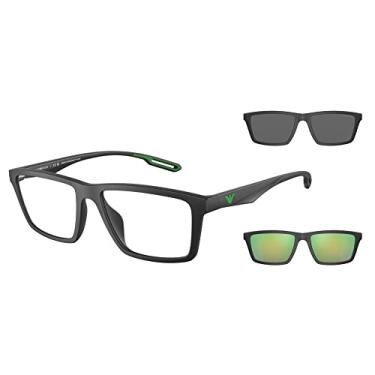 Imagem de Armação masculina Emporio Armani EA4189U de ajuste universal com dois clipes de sol intercambiáveis retangulares, Preto fosco/transparente/cinza escuro/verde espelhado, 55 mm