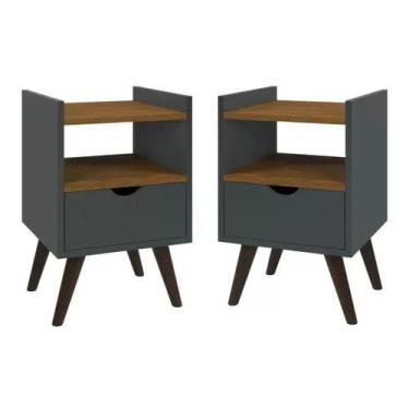 Imagem de Kit 2 Mesas De Cabeceira Quarto Retrô Pés Palito Com Nicho e 1 Gaveta 