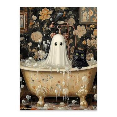 Imagem de Arte de parede em tela de Halloween engraçado gato preto fantasma na banheira pôster Dark Academia Decor imagens de terror gótico impressões 30,5 x 40,6 cm sem moldura para banheiro, sala de estar