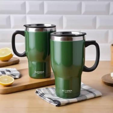 Imagem de Caneca Térmica Parede Dupla em Aço Inox Verde 500ml com Alça Ergonômica - Estilo Liso