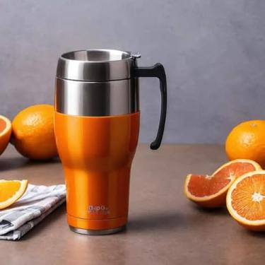 Imagem de Caneca Térmica Parede Dupla em Aço Inox Laranja 450ml com Tampa Flip - Estilo Premium