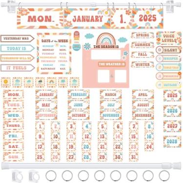Imagem de Fullhawl Conjunto de quadro de avisos com recortes de calendário de sala de aula, pôster de nível de voz com tabela meteorológica e estações, essencial para professores do ensino fundamental e