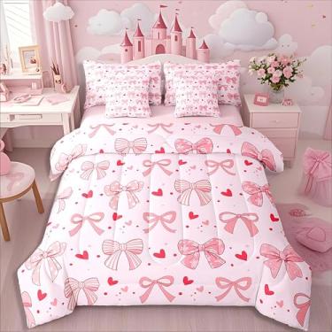 Imagem de Erosebridal Conjunto de cama de casal com laço rosa para meninas adolescentes com laço rosa, 7 peças, conjunto de edredom de princesa sonhadora com lençóis, vermelho, coração, laço e laço, rosa claro